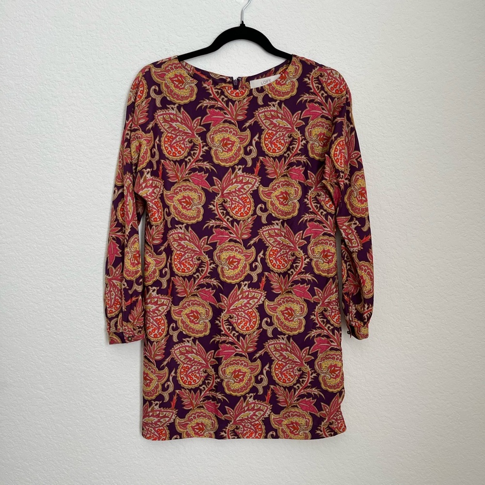 LOFT purple & yellow paisley long sleeve shift dress XXSP